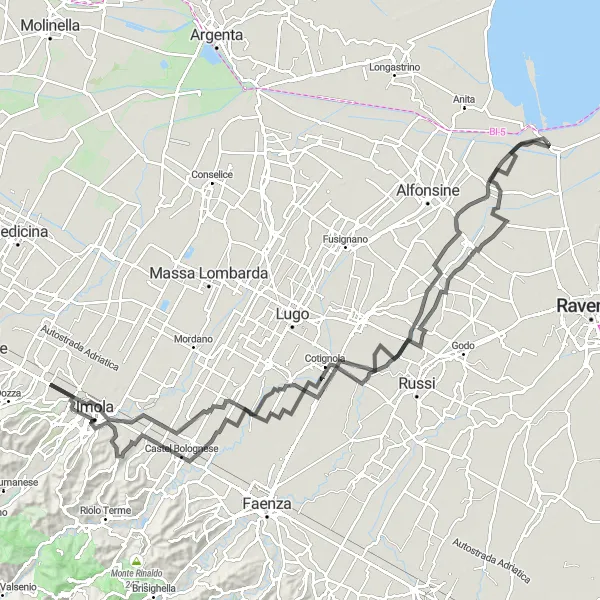 Miniaturní mapa "Cyklotrasa okolo Sant'Alberto" inspirace pro cyklisty v oblasti Emilia-Romagna, Italy. Vytvořeno pomocí plánovače tras Tarmacs.app