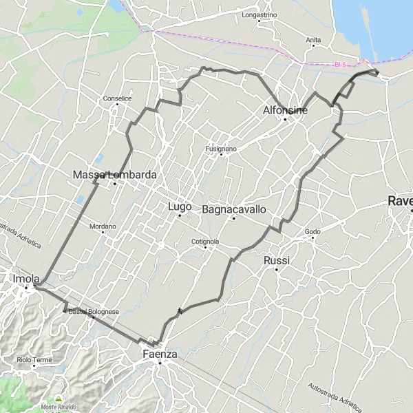 Kartminiatyr av "Landeveiopplevelse til Castel Bolognese" sykkelinspirasjon i Emilia-Romagna, Italy. Generert av Tarmacs.app sykkelrutoplanlegger