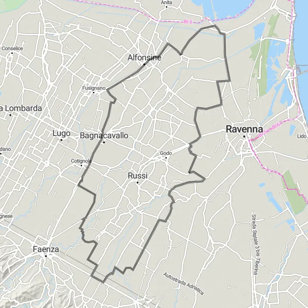 Miniaturní mapa "Cyklistická trasa kolem Sant'Alberto" inspirace pro cyklisty v oblasti Emilia-Romagna, Italy. Vytvořeno pomocí plánovače tras Tarmacs.app