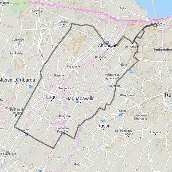 Miniatua del mapa de inspiración ciclista "Ruta corta a Solarolo y Villa San Martino" en Emilia-Romagna, Italy. Generado por Tarmacs.app planificador de rutas ciclistas