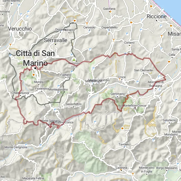 Map miniature of "Gemmano and Monte Cucco Gravel Adventure" cycling inspiration in Emilia-Romagna, Italy. Generated by Tarmacs.app cycling route planner