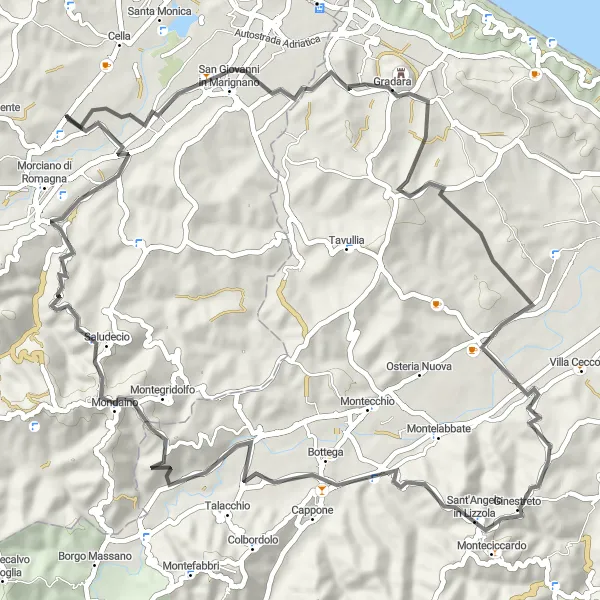 Zemljevid v pomanjšavi "Pitoreskna cestna kolesarska tura do Gradare" kolesarske inspiracije v Emilia-Romagna, Italy. Generirano z načrtovalcem kolesarskih poti Tarmacs.app