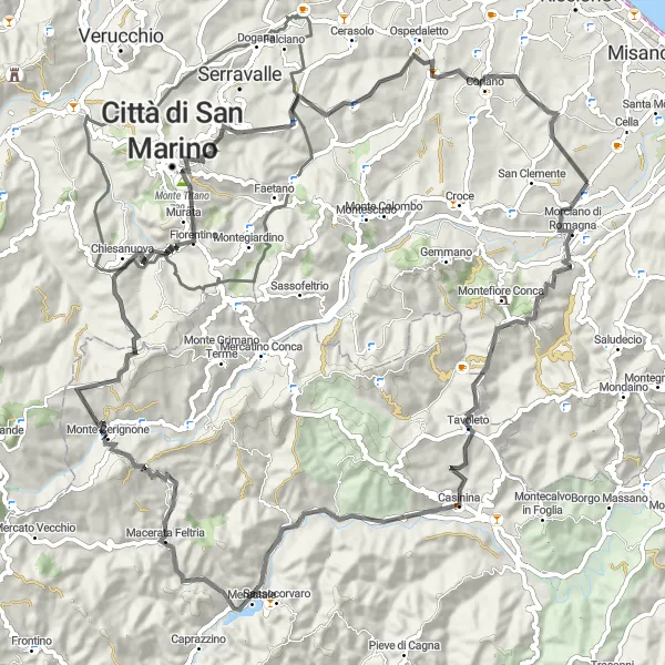 Zemljevid v pomanjšavi "Raznolika cestna kolesarska tura skozi slikovite kraje" kolesarske inspiracije v Emilia-Romagna, Italy. Generirano z načrtovalcem kolesarskih poti Tarmacs.app