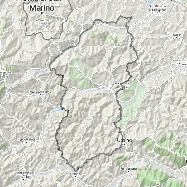 Miniatua del mapa de inspiración ciclista "Ruta desafiante a Sassocorvaro" en Emilia-Romagna, Italy. Generado por Tarmacs.app planificador de rutas ciclistas