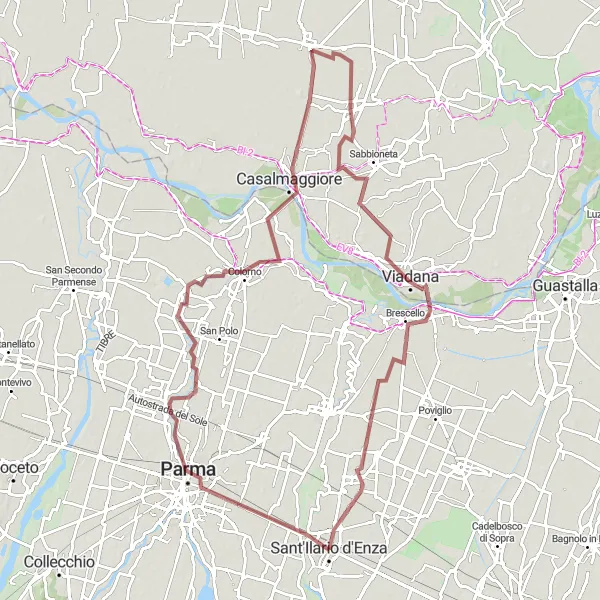 Miniaturní mapa "Cyklotrasa Parma - Torrile - Casalmaggiore - Rivarolo del Re ed Uniti - Viadana - Praticello" inspirace pro cyklisty v oblasti Emilia-Romagna, Italy. Vytvořeno pomocí plánovače tras Tarmacs.app