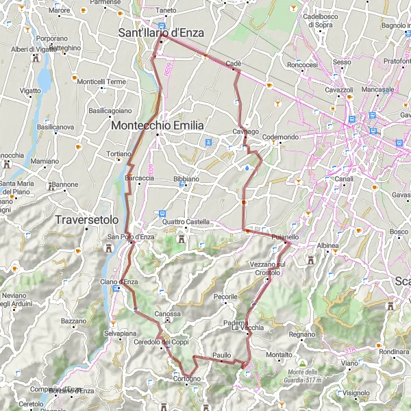 Kartminiatyr av "Grusväg till Castello di Canossa" cykelinspiration i Emilia-Romagna, Italy. Genererad av Tarmacs.app cykelruttplanerare