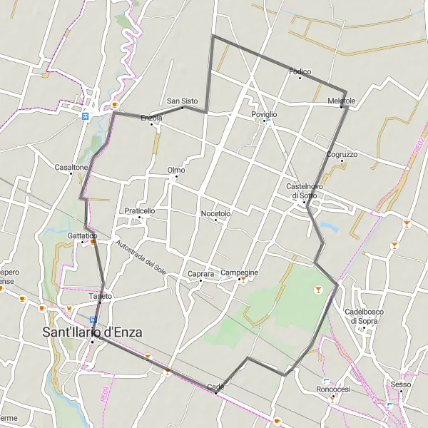 Miniatura della mappa di ispirazione al ciclismo "Giro in bicicletta da Sant'Ilario d'Enza a Taneto, Godezza, Castelnovo di Sotto e Calerno" nella regione di Emilia-Romagna, Italy. Generata da Tarmacs.app, pianificatore di rotte ciclistiche