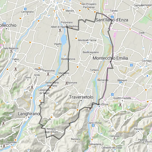 Miniatuurkaart van de fietsinspiratie "Fietsroute door Montecchio Emilia en Neviano degli Arduini" in Emilia-Romagna, Italy. Gemaakt door de Tarmacs.app fietsrouteplanner