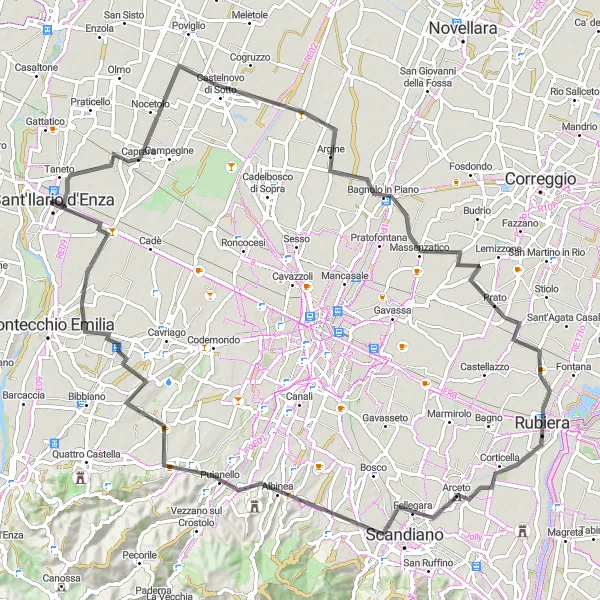 Miniaturní mapa "Cyklotrasa Castelnovo di Sotto - Rubiera - Fellegara - Albinea - Barco - Calerno" inspirace pro cyklisty v oblasti Emilia-Romagna, Italy. Vytvořeno pomocí plánovače tras Tarmacs.app