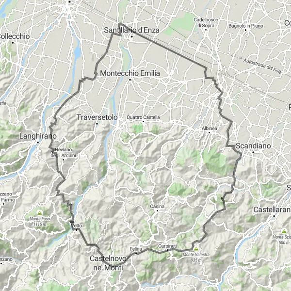 Zemljevid v pomanjšavi "Zahtevno cestno kolesarjenje v bližini Sant'Ilario d'Enza" kolesarske inspiracije v Emilia-Romagna, Italy. Generirano z načrtovalcem kolesarskih poti Tarmacs.app