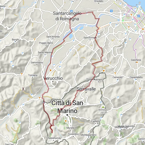 Miniatua del mapa de inspiración ciclista "Ruta de Gravel Dogana-Monte Cucco-Santarcangelo di Romagna" en Emilia-Romagna, Italy. Generado por Tarmacs.app planificador de rutas ciclistas