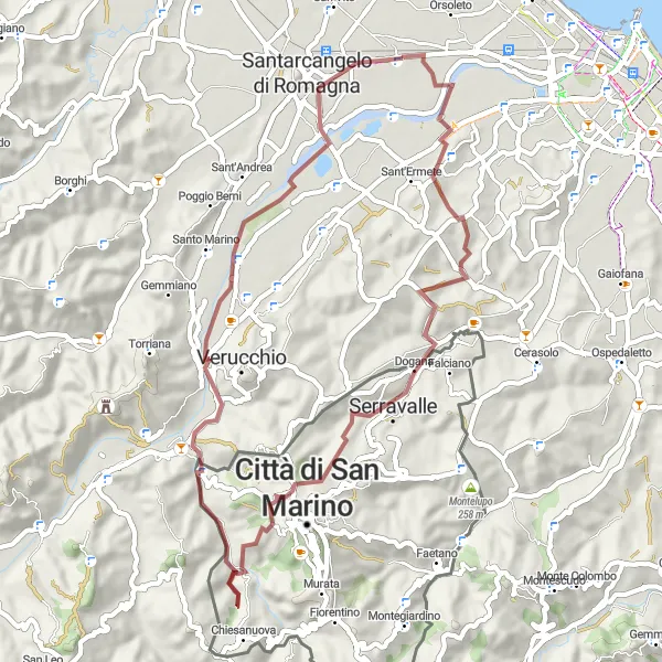 Miniatura della mappa di ispirazione al ciclismo "Esplorazione Gravel da Santa Giustina a Dogana" nella regione di Emilia-Romagna, Italy. Generata da Tarmacs.app, pianificatore di rotte ciclistiche