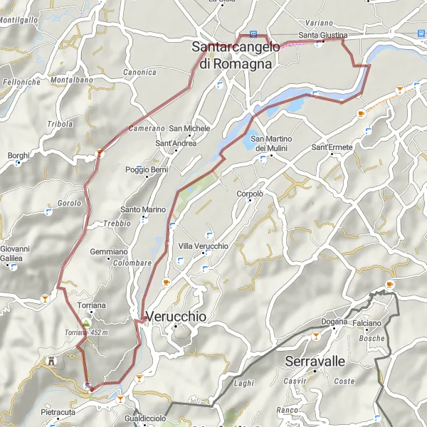 Miniatura della mappa di ispirazione al ciclismo "Giro in bicicletta da Santa Giustina a Santarcangelo di Romagna" nella regione di Emilia-Romagna, Italy. Generata da Tarmacs.app, pianificatore di rotte ciclistiche