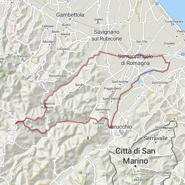 Miniaturní mapa "Gravelová trasa okolo Santa Giustina" inspirace pro cyklisty v oblasti Emilia-Romagna, Italy. Vytvořeno pomocí plánovače tras Tarmacs.app