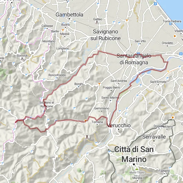 Miniatura della mappa di ispirazione al ciclismo "Avventura Gravel da Santa Giustina a Mutonia" nella regione di Emilia-Romagna, Italy. Generata da Tarmacs.app, pianificatore di rotte ciclistiche