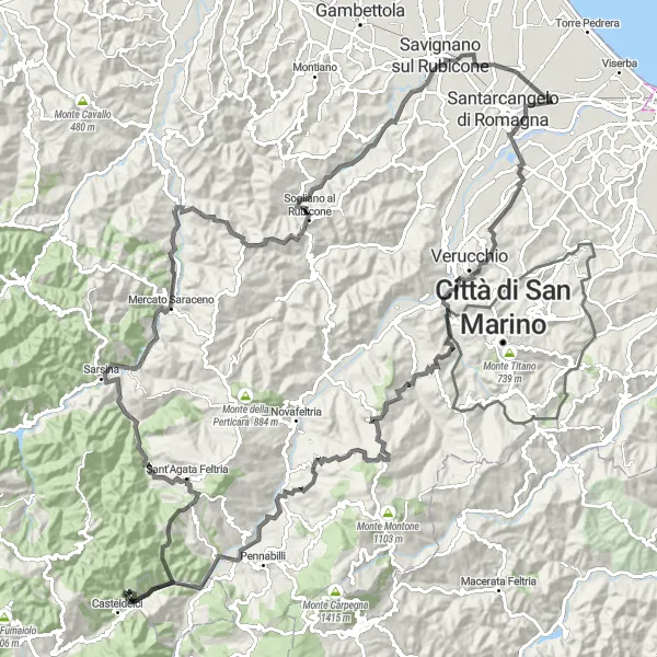 Miniaturní mapa "Náročná trasa kolem Santa Giustina" inspirace pro cyklisty v oblasti Emilia-Romagna, Italy. Vytvořeno pomocí plánovače tras Tarmacs.app