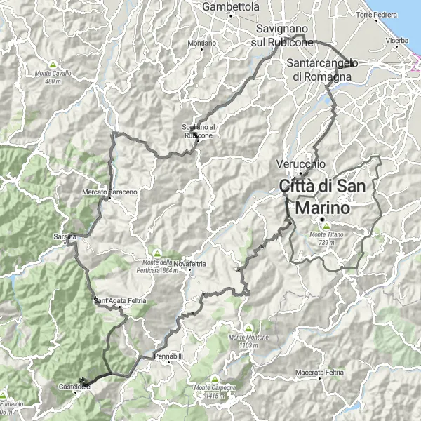 Miniatura della mappa di ispirazione al ciclismo "Avventura in Bicicletta da Santa Giustina a San Martino dei Mulini" nella regione di Emilia-Romagna, Italy. Generata da Tarmacs.app, pianificatore di rotte ciclistiche