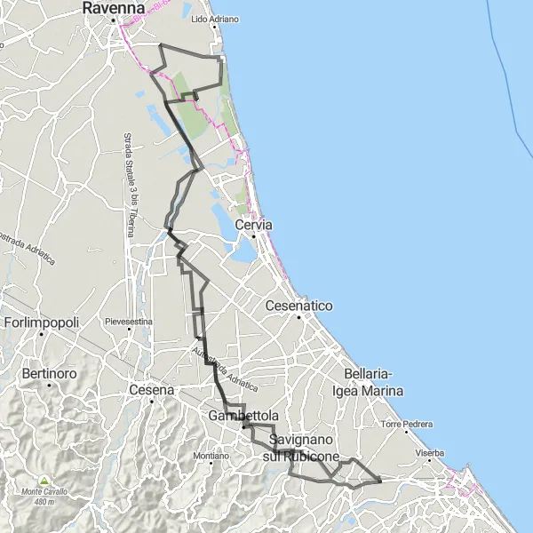 Kartminiatyr av "Kyst- og Lido-ruten" sykkelinspirasjon i Emilia-Romagna, Italy. Generert av Tarmacs.app sykkelrutoplanlegger