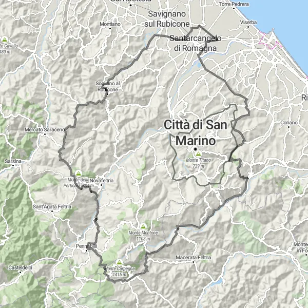 Miniatura della mappa di ispirazione al ciclismo "Giro panoramico su Monte Cerignone" nella regione di Emilia-Romagna, Italy. Generata da Tarmacs.app, pianificatore di rotte ciclistiche