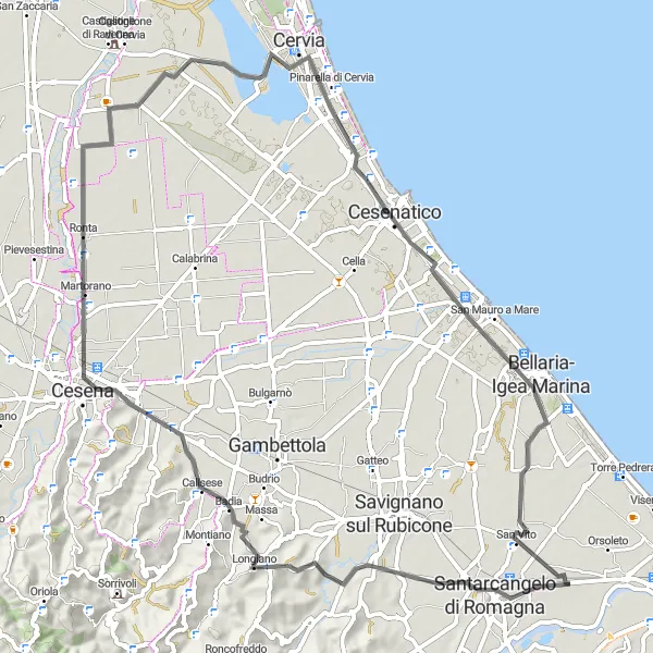 Mapa miniatúra "Cyklistická trasa cez údolie Emilia-Romagna" cyklistická inšpirácia v Emilia-Romagna, Italy. Vygenerované cyklistickým plánovačom trás Tarmacs.app