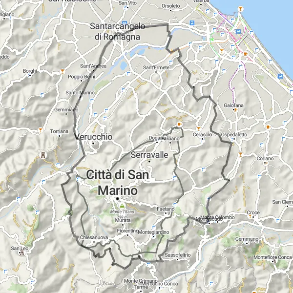 Miniatua del mapa de inspiración ciclista "Ruta de ciclismo Montescudo-Pieve Corena-Santarcangelo di Romagna" en Emilia-Romagna, Italy. Generado por Tarmacs.app planificador de rutas ciclistas