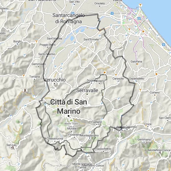 Map miniature of "Montescudo to Santarcangelo: An Idyllic Road Cycling Route" cycling inspiration in Emilia-Romagna, Italy. Generated by Tarmacs.app cycling route planner