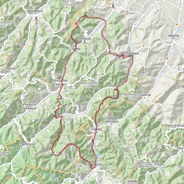 Miniature de la carte de l'inspiration cycliste "Tour de Gravel Monte Girone" dans la Emilia-Romagna, Italy. Générée par le planificateur d'itinéraire cycliste Tarmacs.app