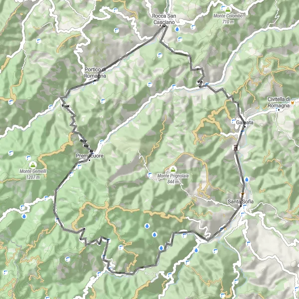 Kartminiatyr av "Vägcykling genom Valico Manzo" cykelinspiration i Emilia-Romagna, Italy. Genererad av Tarmacs.app cykelruttplanerare