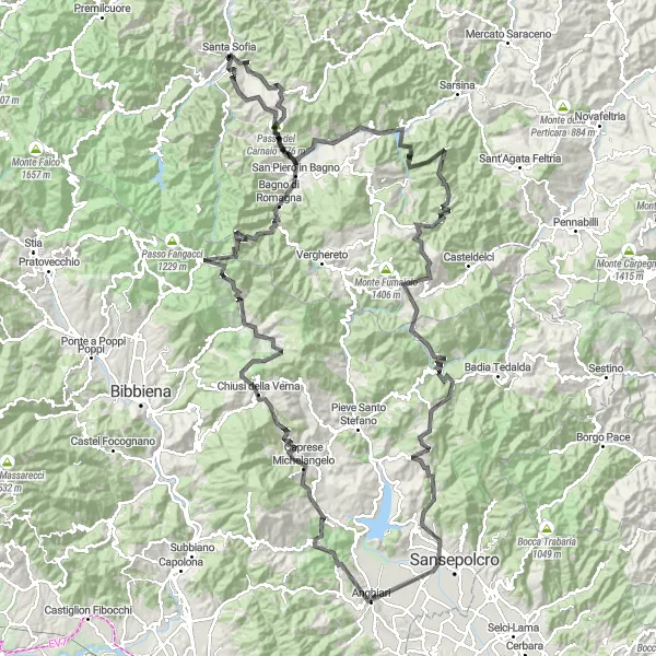 Kartminiatyr av "Utmanande Road Cycling till Monte Penna" cykelinspiration i Emilia-Romagna, Italy. Genererad av Tarmacs.app cykelruttplanerare