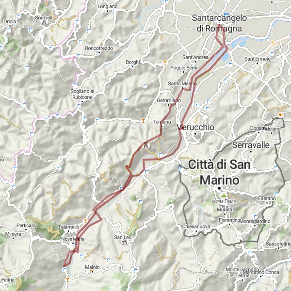 Map miniature of "Gravel tour near Santarcangelo" cycling inspiration in Emilia-Romagna, Italy. Generated by Tarmacs.app cycling route planner