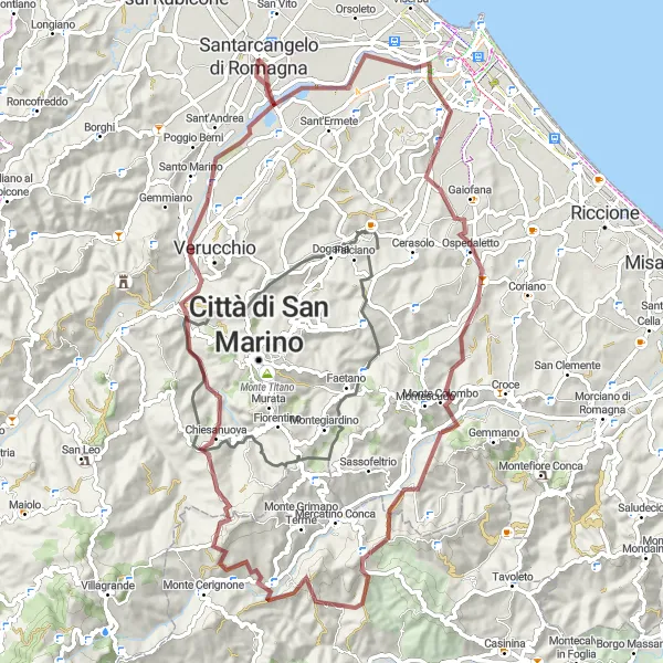 Miniaturní mapa "Gravel okruh kolem Santarcangela a Monte Colombo" inspirace pro cyklisty v oblasti Emilia-Romagna, Italy. Vytvořeno pomocí plánovače tras Tarmacs.app