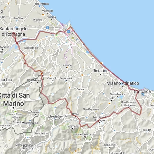 Map miniature of "Discovering the countryside near Santarcangelo" cycling inspiration in Emilia-Romagna, Italy. Generated by Tarmacs.app cycling route planner