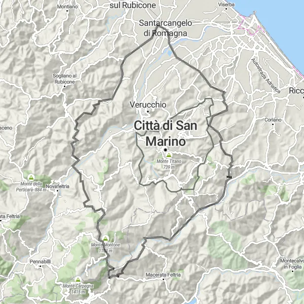 Miniature de la carte de l'inspiration cycliste "Tour des montagnes de l'arrière-pays de Santarcangelo" dans la Emilia-Romagna, Italy. Générée par le planificateur d'itinéraire cycliste Tarmacs.app