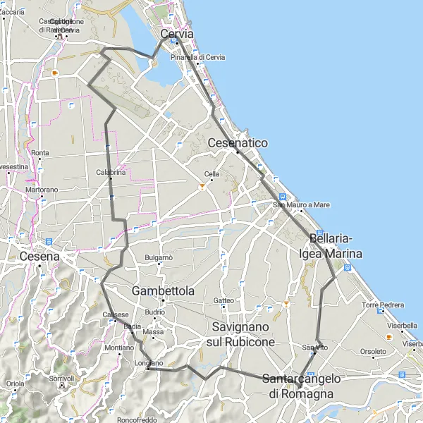 Miniatura della mappa di ispirazione al ciclismo "Giro in bicicletta tra Longiano e San Vito" nella regione di Emilia-Romagna, Italy. Generata da Tarmacs.app, pianificatore di rotte ciclistiche