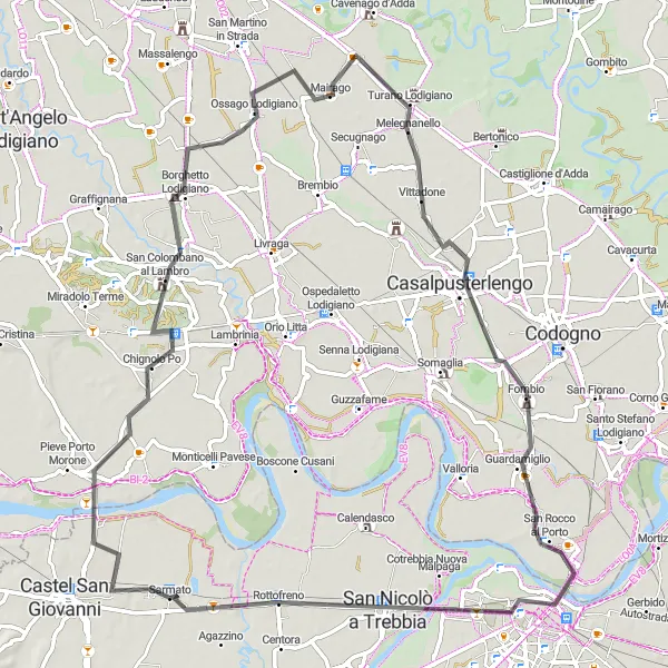 Miniatuurkaart van de fietsinspiratie "Sarmato naar Piacenza Route" in Emilia-Romagna, Italy. Gemaakt door de Tarmacs.app fietsrouteplanner