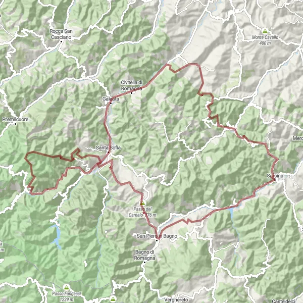 Miniatura della mappa di ispirazione al ciclismo "Giro in bicicletta da Sarsina - Gravel" nella regione di Emilia-Romagna, Italy. Generata da Tarmacs.app, pianificatore di rotte ciclistiche