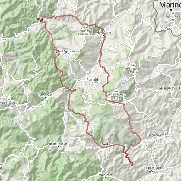 Map miniature of "Gravel Adventure in the Montefeltro Hills" cycling inspiration in Emilia-Romagna, Italy. Generated by Tarmacs.app cycling route planner