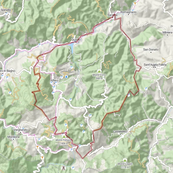 Miniatura della mappa di ispirazione al ciclismo "Monte di Rosciano 67 km" nella regione di Emilia-Romagna, Italy. Generata da Tarmacs.app, pianificatore di rotte ciclistiche