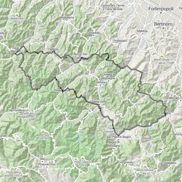 Kartminiatyr av "Vägar till Monte Colombo" cykelinspiration i Emilia-Romagna, Italy. Genererad av Tarmacs.app cykelruttplanerare