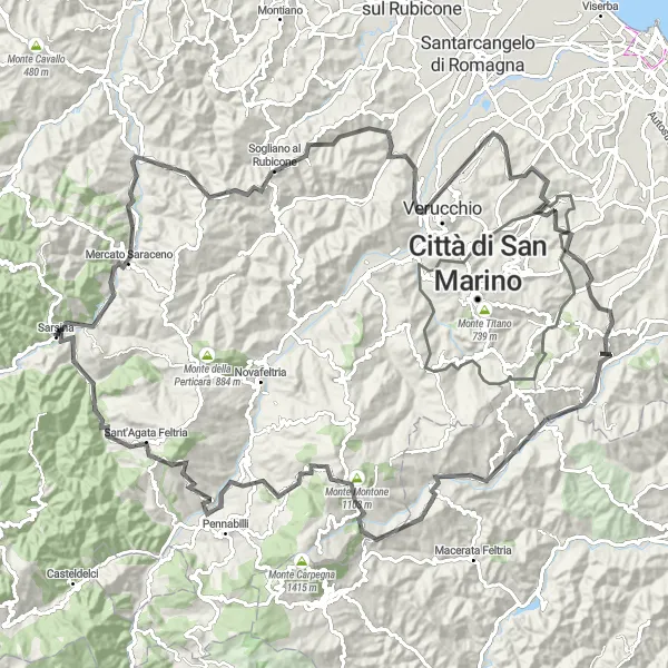 Kartminiatyr av "Opplev Monte Curto og Dogana" sykkelinspirasjon i Emilia-Romagna, Italy. Generert av Tarmacs.app sykkelrutoplanlegger