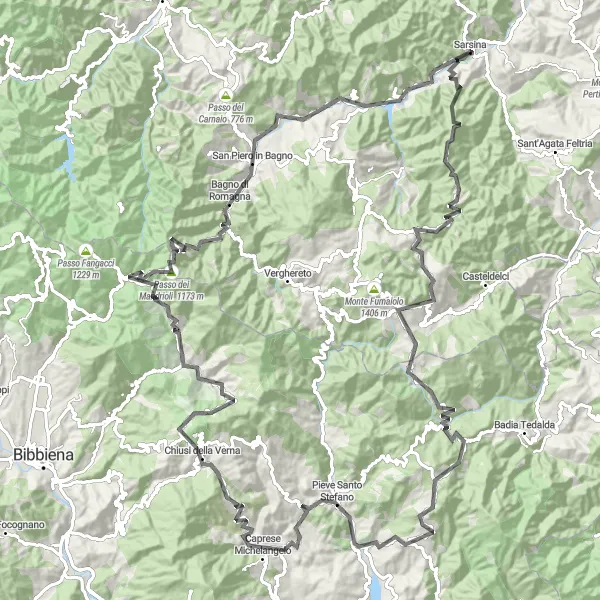 Miniaturní mapa "Road Cycling in Emilia-Romagna" inspirace pro cyklisty v oblasti Emilia-Romagna, Italy. Vytvořeno pomocí plánovače tras Tarmacs.app