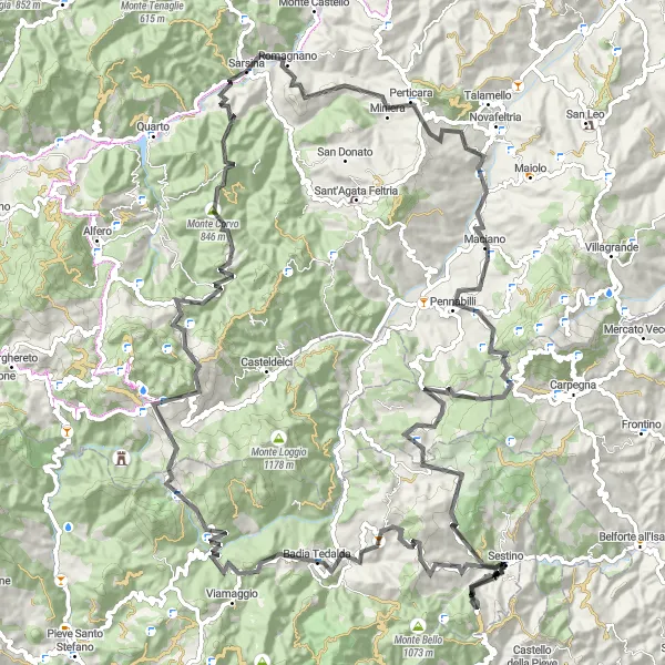 Map miniature of "Perticara and Monte Maggio Adventure" cycling inspiration in Emilia-Romagna, Italy. Generated by Tarmacs.app cycling route planner