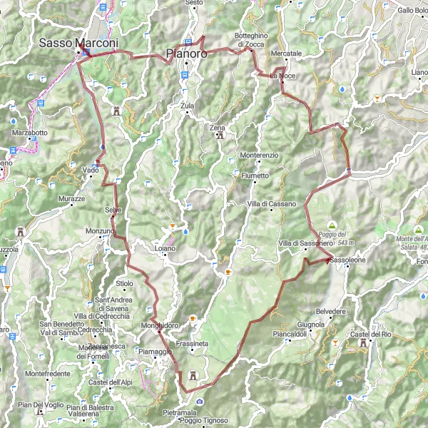 Mapa miniatúra "Sasso Marconi - Palazzo Armi Gravel Adventure" cyklistická inšpirácia v Emilia-Romagna, Italy. Vygenerované cyklistickým plánovačom trás Tarmacs.app