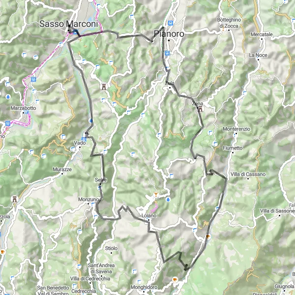 Kartminiatyr av "Monte Bibele Loop" sykkelinspirasjon i Emilia-Romagna, Italy. Generert av Tarmacs.app sykkelrutoplanlegger