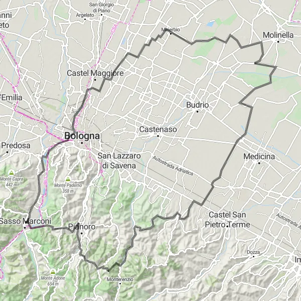 Kartminiatyr av "Bologna Hills Loop" sykkelinspirasjon i Emilia-Romagna, Italy. Generert av Tarmacs.app sykkelrutoplanlegger
