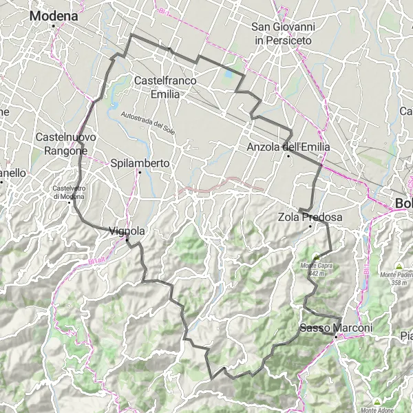 Map miniature of "Exploring Monte Vignola and Zola Predosa" cycling inspiration in Emilia-Romagna, Italy. Generated by Tarmacs.app cycling route planner