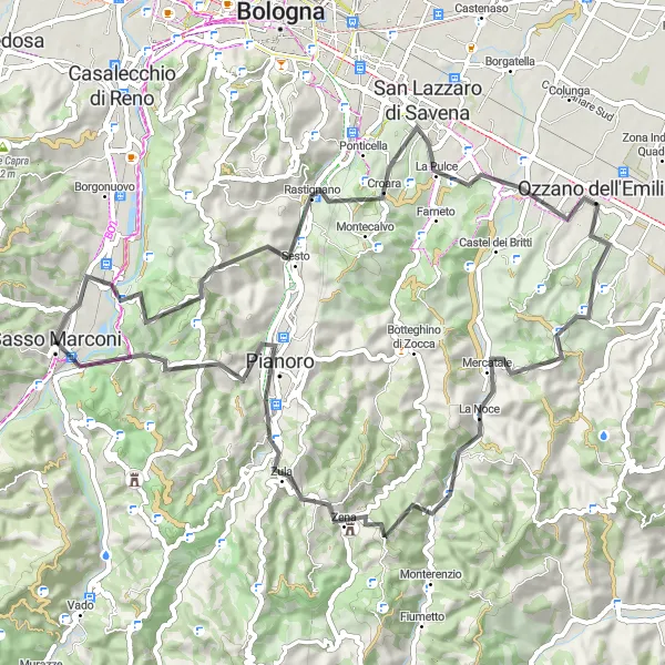 Zemljevid v pomanjšavi "Izzivalna kolesarska tura v okolici Sasso Marconija" kolesarske inspiracije v Emilia-Romagna, Italy. Generirano z načrtovalcem kolesarskih poti Tarmacs.app