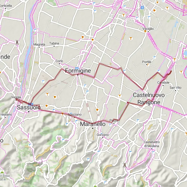 Miniature de la carte de l'inspiration cycliste "Escapade sur les chemins de gravier de Formigine" dans la Emilia-Romagna, Italy. Générée par le planificateur d'itinéraire cycliste Tarmacs.app