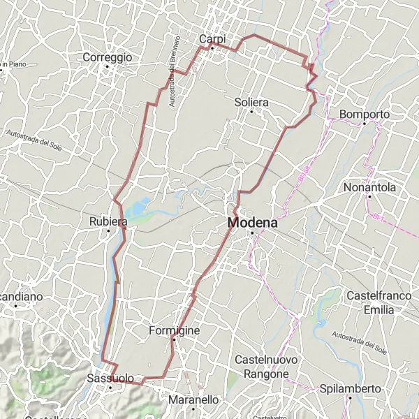 Mapa miniatúra "Sozzigalli - Baggiovara - Fiorano Modenese" cyklistická inšpirácia v Emilia-Romagna, Italy. Vygenerované cyklistickým plánovačom trás Tarmacs.app