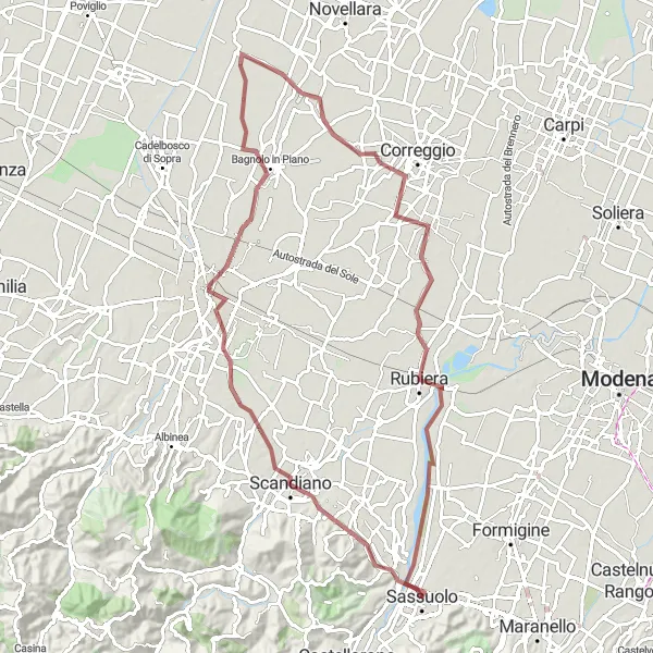 Miniatua del mapa de inspiración ciclista "Ruta de Ciclismo de Grava a Reggio nell'Emilia" en Emilia-Romagna, Italy. Generado por Tarmacs.app planificador de rutas ciclistas